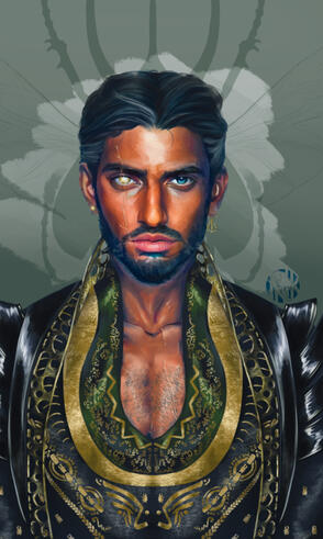 Straight-forward portrait of a man with medium skintone and shimmery green, black, and gold clothes.